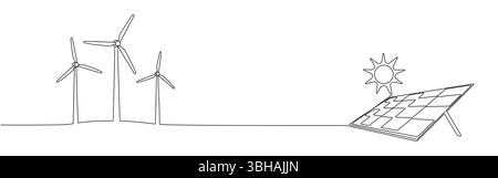 Turbine de parc éolien, panneau solaire avec dessin continu d'icône de ligne de soleil. Illustration vectorielle de concept d'énergie de source renouvelable dans un style linéaire. Editabl Illustration de Vecteur