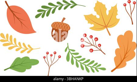 Des éléments colorés d'automne, y compris des feuilles, des baies et un gland, parfaits pour les cartes de vœux, les motifs saisonniers ou les projets sur le thème de l'automne Illustration de Vecteur
