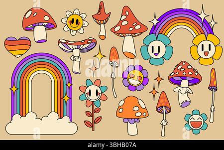 Ensemble rétro psychédélique avec champignon et fleur, arc-en-ciel groovy avec nuages. Pâquerettes souriantes vintage et tabourets colorés avec des étincelles et des coeurs. éléments hippie des années 70 pour des designs nostalgiques. Illustration de Vecteur