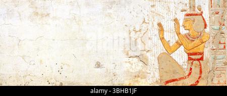 Fond horizontal avec peinture murale colorée d'inspiration égyptienne antique qui évoque l'atmosphère de l'Égypte. Toile de fond avec figure de déesse Isis, cre Banque D'Images