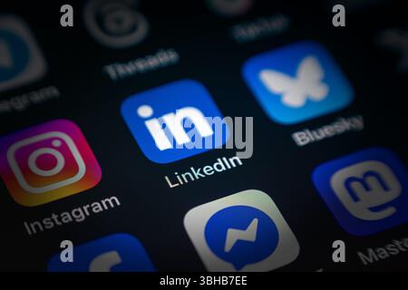 Antalya, Turquie - 5 juin 2025 : icône LinkedIn App parmi les différentes icônes d'application sur l'écran du smartphone Banque D'Images