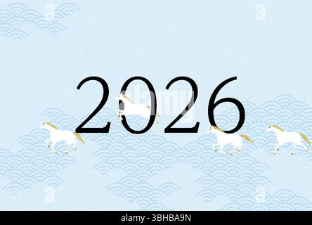 Carte du nouvel an 2026, chevaux blancs en compétition, matériel de carte postale du nouvel an, illustration vectorielle Illustration de Vecteur