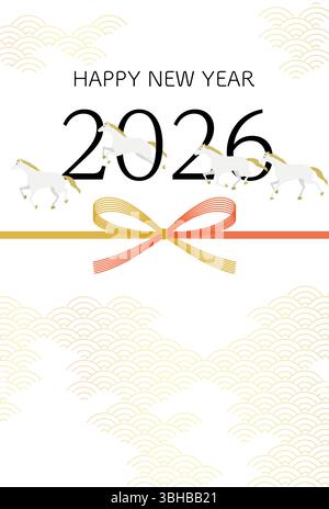Carte de voeux du nouvel an 2026, chevaux blancs en course et Mizuhiki, matériel de carte postale du nouvel an, illustration vectorielle Illustration de Vecteur