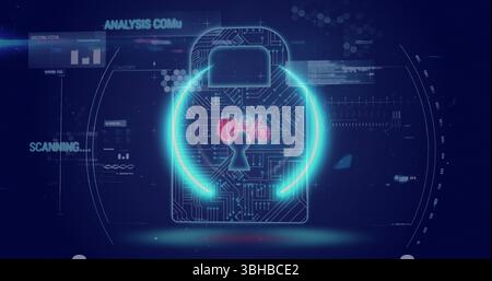Image du cercle de néon avec 0 pour cent sur cadenas numérique et données sur l'écran numérique. Sécurité des données, écran numérique, interface et concept technologique DIG Banque D'Images
