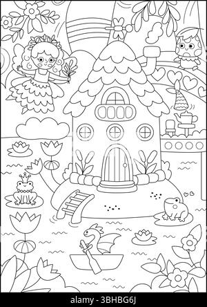 Vecteur noir et blanc fond de fée verticale avec maison de fées de marais. Paysage de ligne terrestre magique. Paysage boisé avec princesse, avant enchanté Illustration de Vecteur