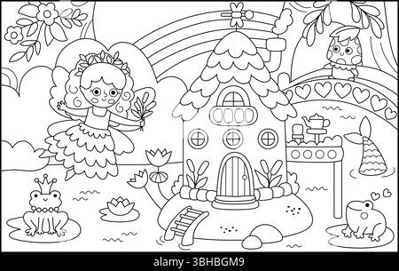 Vecteur fond de fée noir et blanc avec fée des marais, maison de sirène, roseaux. Paysage de ligne terrestre magique. Paysage boisé avec princesse. Fantaisie Illustration de Vecteur