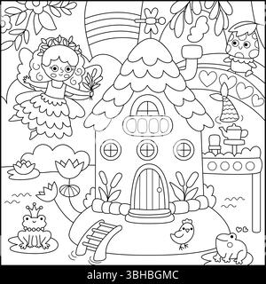 Vecteur noir et blanc fond de fée carré avec fée des marais, maison, roseaux. Paysage de ligne terrestre magique. Paysage boisé avec princesse. Fantaisie Illustration de Vecteur