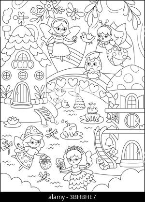 Vecteur noir et blanc fond de fée verticale avec fée des marais, maisons. Paysage de ligne terrestre magique. Paysage boisé avec forêt enchantée. FANT Illustration de Vecteur