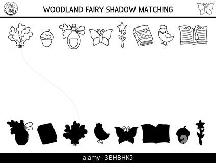 Fée des bois ombre noire et blanche assortie d'activités avec des objets fantastiques. Puzzle forêt magique avec baguette, livre de sorts. Trouvez l'imprimé silhouette correct Illustration de Vecteur