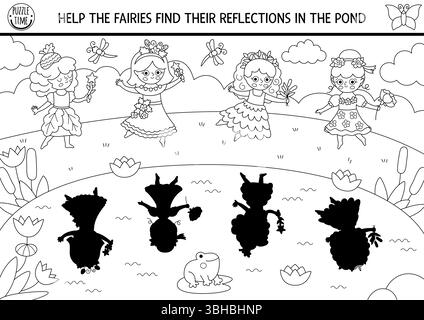 Fée des bois ombre noire et blanche assortie activité avec les filles et reflets dans l'eau. Puzzle de forêt magique avec mignonne baie, gland, prince de fleur Illustration de Vecteur