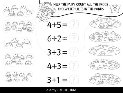 Mathématiques et compter jeu noir et blanc avec fille. Aidez la fée des marais à compter les grenouilles et les nénuphars dans l'étang. Fairyland addition, activité de jumelage. FA Illustration de Vecteur