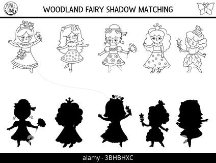 Activité d'assortiment d'ombres noires et blanches fées des bois. Puzzle magique de forêt avec baie, fleur, princesse de gland. Trouvez la silhouette correcte imprimable WOR Illustration de Vecteur