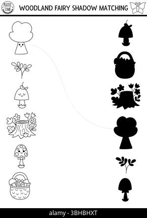 Activité d'assortiment d'ombres noires et blanches fées des bois. Puzzle forêt magique avec arbre, panier, champignon. Trouver la silhouette correcte feuille de travail imprimable, Illustration de Vecteur