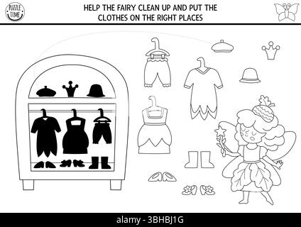 Woodland fée noir et blanc ombre assortie activité avec fille, robe, garde-robe. Puzzle de forêt magique avec princesse de gland. Trouver la silhouette correcte c Illustration de Vecteur
