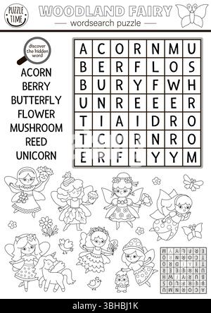 Puzzle de recherche de mots de fées noir et blanc de vecteur pour enfant. Wordsearch quiz avec fleur, gland, marais, fée de baies. Mots croisés éducatifs Woodland co Illustration de Vecteur