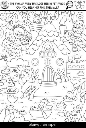 Jeu de recherche noir et blanc de Fairy Vector avec paysage forestier enchanté, cabane dans les arbres, rivière, fée des marais. Coloriage grenouille cachée. Fée Illustration de Vecteur