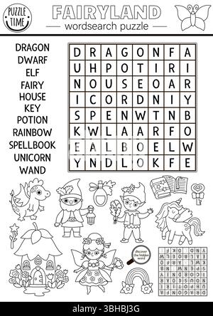 Puzzle de recherche de mots de fées noir et blanc de vecteur pour enfant. Quiz de recherche de mot avec fée, elfe, dragon, licorne, nain. Mots croisés éducatifs Woodland Illustration de Vecteur