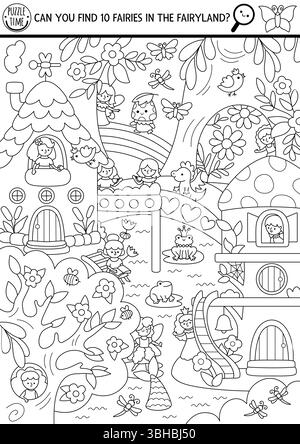 Vector Fairyland jeu de recherche noir et blanc avec paysage forestier enchanté, cabane dans les arbres, rivière. Repérez la fée cachée. Conte de fées chercher et trouver Educati Illustration de Vecteur