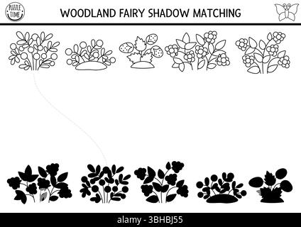 Fée des bois ombre noire et blanche assortie d'activité avec des baies. Puzzle forêt magique avec fraise. Trouvez la feuille de travail imprimable de silhouette correcte Illustration de Vecteur
