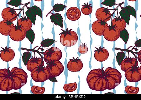 Motif tomate sans couture avec tomates rouges dessinées à la main, feuilles vertes et rayures ondulées bleu clair sur fond blanc. Vibrant et frais, idéal pour Illustration de Vecteur