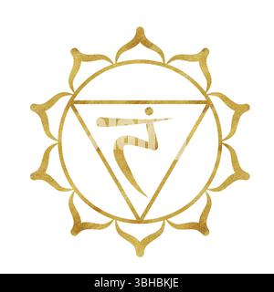 Chakra Manipura du plexus solaire avec texture dorée et lettres sanskrites au centre. Équilibre énergétique curatif. Illustration d'aquarelle dessinée à la main. Ethni Banque D'Images