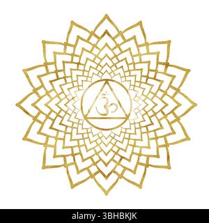 Chakra couronné Sahasrara avec texture dorée et lettres sanskrites au centre. Équilibre énergétique curatif. Illustration d'aquarelle dessinée à la main. Indi ethnique Banque D'Images