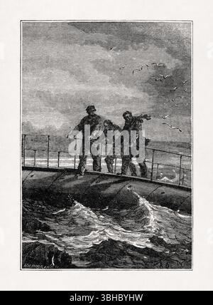 Illustration d'Alphonse de Neuville représentant le Nautilus après avoir heurté les fonds marins peu profonds du livre 'vingt mille lieues sous les mers' par Banque D'Images
