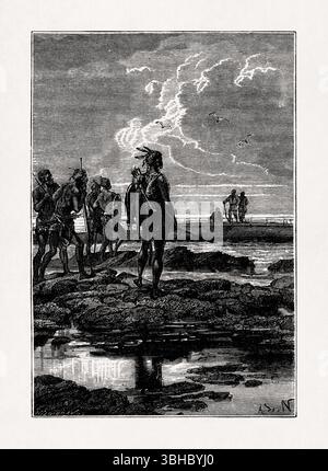 Illustration par Alphonse de Neuville représentant des indigènes rôdant près du Nautilus après qu'il a frappé le fond marin peu profond du livre 'vingt mille Leagu Banque D'Images