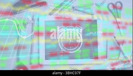 Image de la table de négociation, graphique sur tablette avec dessin de réveil au milieu de la papeterie. Composite numérique, exposition multiple, investissement, éducation, tim Banque D'Images