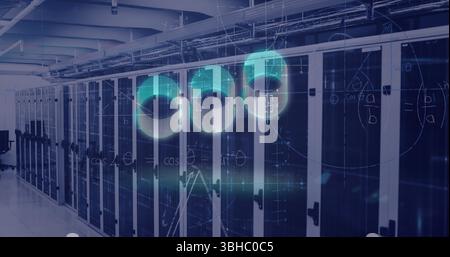 Image de cercles de néon au-dessus des serveurs. Informatique globale, réseau, données et concept technologique image générée numériquement. Banque D'Images