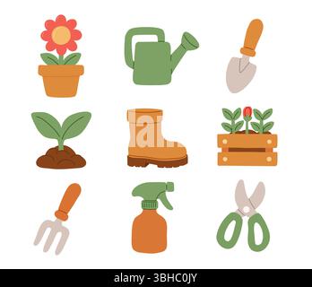 Une collection vibrante et colorée d'outils et d'accessoires de jardinage pour tous les jardiniers a besoin d'illustration vectorielle Illustration de Vecteur