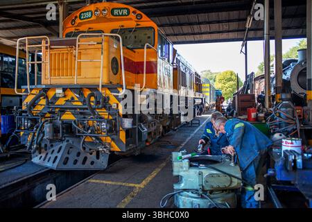 Locomotive diesel dans l'entrepôt de la gare ferroviaire de Rovos dans Capital Park à Pretoria Tshwane Afrique du Sud. Le train de luxe Rovos Rail voyageant betw Banque D'Images
