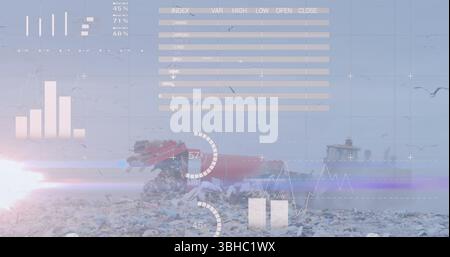 Image de plusieurs graphiques et données se déplaçant sur le tronc rouge déchargeant les ordures à la décharge. Composite numérique, exposition multiple, infographie, recyclage, p Banque D'Images