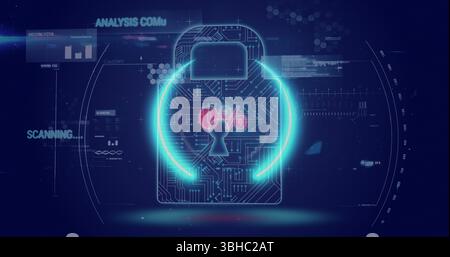 Image du cercle de néon avec 0 pour cent sur cadenas numérique et données sur l'écran numérique. Sécurité des données, écran numérique, interface et concept technologique DIG Banque D'Images