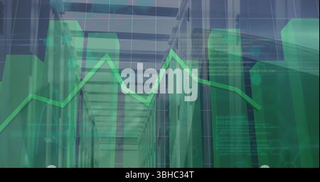 Image d'une table de négociation numérique et de graphiques à barres vertes au-dessus de la salle des serveurs Banque D'Images