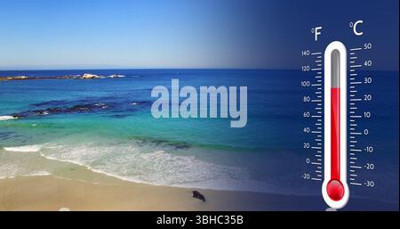 Image du thermomètre numérique sur le paysage marin. Technologie globale, informatique et concept d'interface numérique image générée numériquement. Banque D'Images