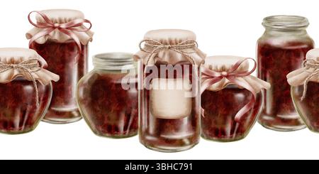 Confiture de cerises dans des pots en verre dans une bordure sans couture avec couvercles vintage en tissu, étiquette avec des rubans et de la ficelle dans un arc. Illustration d'aquarelle dessinée à la main sur un Banque D'Images