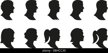 Icônes de profil silhouette définies. Collection silhouettes tête homme et femme. Divers profils humains pour l'utilisation des avatars, des identités et des médias sociaux. Isolé Illustration de Vecteur