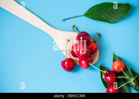 Cerises lumineuses dans une composition minimaliste sur fond bleu. Banque D'Images