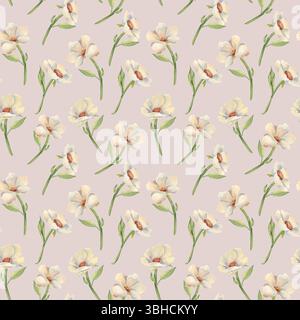 Élégant motif floral avec pivoines aquarelle sur tiges et anémones dans des tons neutres isolés sur rose. Conception botanique sans couture de coquelicots blancs pour Banque D'Images