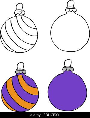 Boules de Noël suspendues isolées sur fond transparent. Illustration vectorielle d'encre de ligne graphique. motif carte des fêtes de fin d'année. Bannière, affiche, emballage Illustration de Vecteur