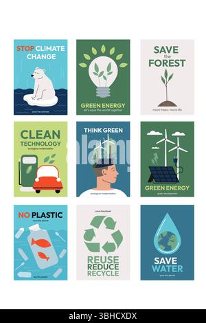 Nature et énergies renouvelables. Énergie verte et conservation des ressources naturelles. Ensemble d'affiches vectorielles, cartes. Jour de la Terre. Affiches ECO avec recyclage de Illustration de Vecteur