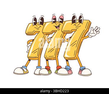 Groovy casino trois personnages de sept signes. Gain de jackpot de jeu de Las Vegas, chance de jeu de roulette de casino et personnages vectoriels funky de victoire. Trois personnages dorés sept joyeux debout ensemble Illustration de Vecteur