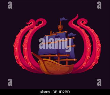 Tentacules héraldiques de poulpe avec voilier pirate avec voiles noires entourées de tentacules géants de kraken rouge. L'emblème nautique de vecteur de dessin animé évoque une bataille maritime mythique dans la fantaisie et les traditions nautiques Illustration de Vecteur