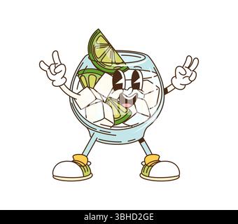 Personnage de verre tonique de gin de dessin animé groovy. Boisson alcoolisée avec gin tonic, glaçons et citron vert tranche de citron 60s groovy vecteur personnage ou mascotte. B Illustration de Vecteur