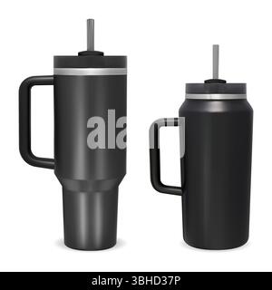 Mug de voyage, maquette de flacon thermo boisson café. Récipient en acier inoxydable pour boisson chaude ou froide. Gobelet thermos avec poignée, conception vierge en plastique noir. Illustration de Vecteur