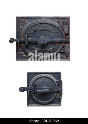 porte en fer antique pour la combustion du bois et l'élimination de suie isolé sur fond blanc Banque D'Images