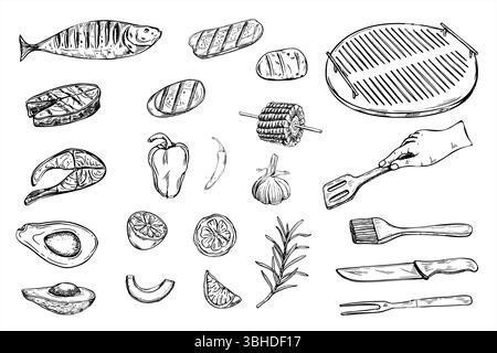 Fruits de mer grillés, légumes et outils de barbecue ensemble illustration vectorielle peinte par des encres noires. Steak de poisson, poivre, tomate, avocat, maïs, clip art herbes Illustration de Vecteur