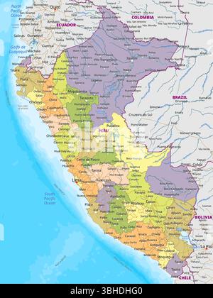 Cette carte détaillée du Pérou présente la géographie du pays, mettant en évidence les grandes villes, les rivières et les pays limitrophes. Illustration de Vecteur