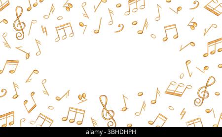 Bordure horizontale des notes musicales avec un espace vide pour le texte. Symboles sonores dorés dans l'illustration isolée de style aquarelle. Rectangle d'élément audio Banque D'Images